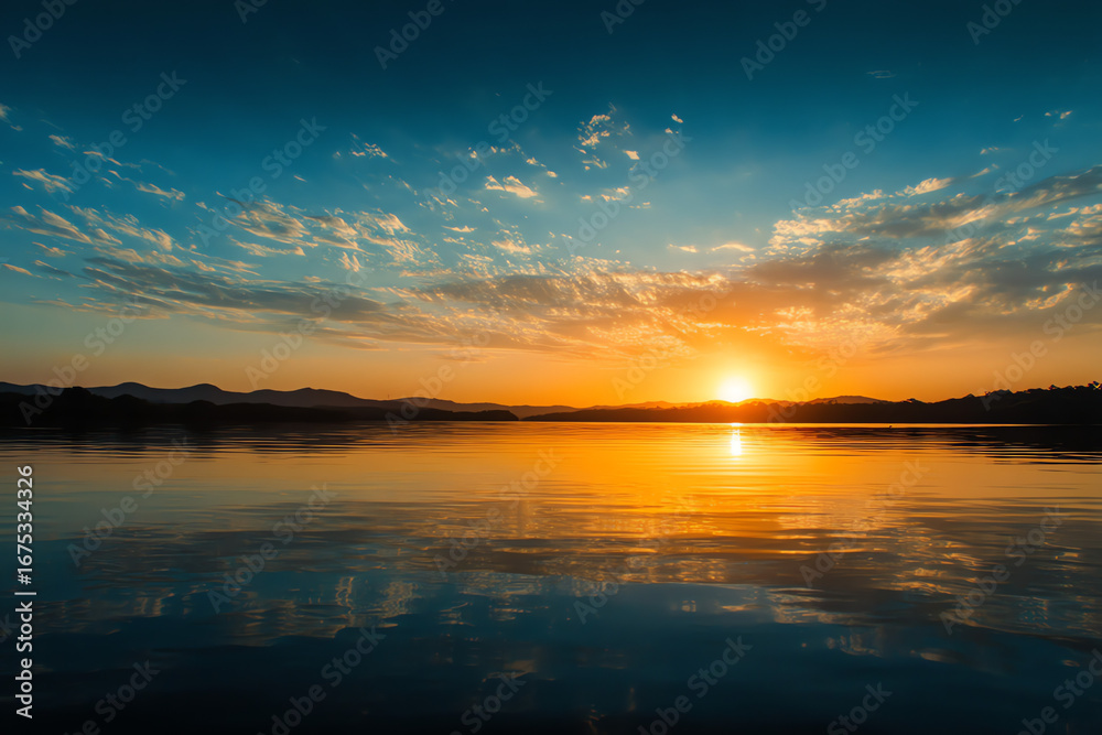Obraz premium Golden sunset over calm lake water with silhouetted hills under a partly cloudy sky.