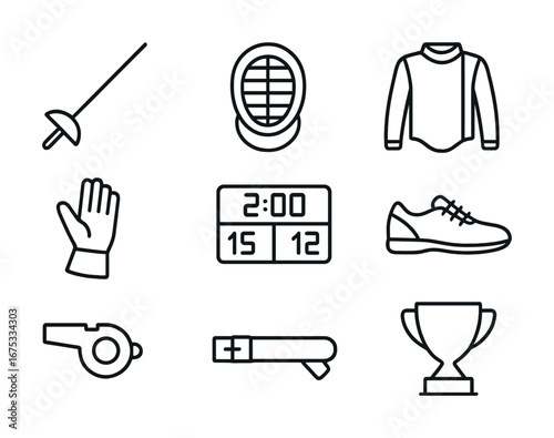 Fencing gear icons: sword, helmet, jacket, glove, sneaker, whistle, scoreboard, trophy