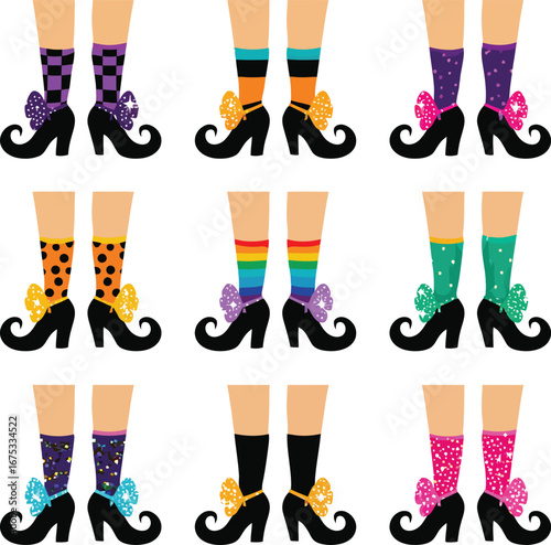 Witch legs wearing colorful striped socks and pointed shoes