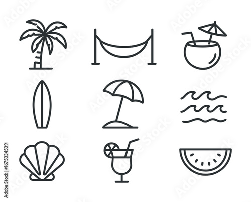 Summer beach icons: palm, hammock, coconut drink, surfboard, umbrella, waves, shell, cocktail, watermelon