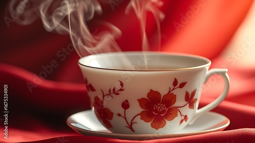 Delicate porcelain teacup with red floral motifs, steaming jasmine tea reflecting golden light against muted silk.