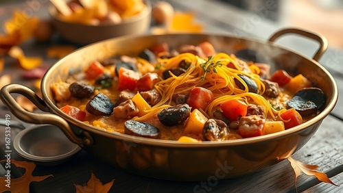 Traditional paella in golden pan, saffron threads glistening on rustic wooden table with autumn leaves.