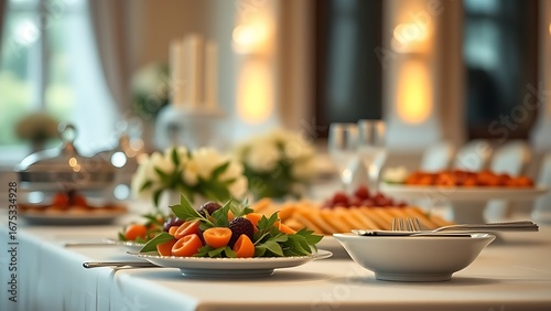An elegant wedding buffet table, softly lit with a focus on the food arrangement.