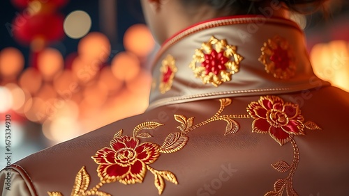 A silk qipao collar embroidered with golden peonies, shimmering against soft festival lights.