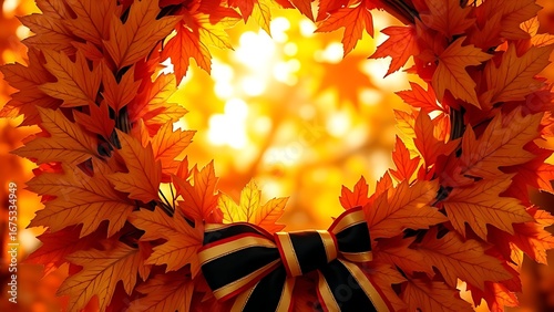Golden oak leaf wreath with black-red-gold ribbon, bathed in warm autumn sunlight with blurred maple leaves behind.