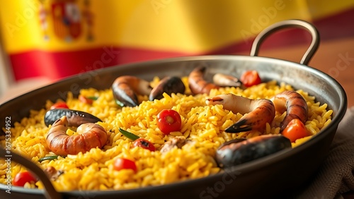 Copper pan showcasing vibrant paella with saffron rice, seafood, and peppers against terracotta hues.
