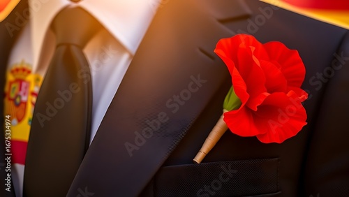 Red carnation on navy blue blazer, golden sunlight reflecting with blurred Spanish flag colors.