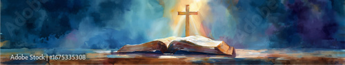Vector illustration. Open holy bible with glowing cross in the middle. Watercolor painting
