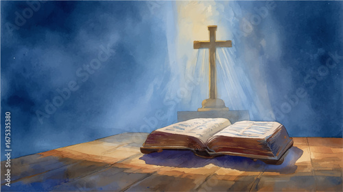 Vector illustration. Open holy bible with glowing cross in the middle. Watercolor painting