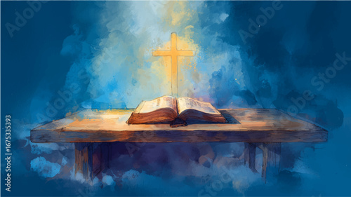 Vector illustration. Open holy bible with glowing cross in the middle. Watercolor painting
