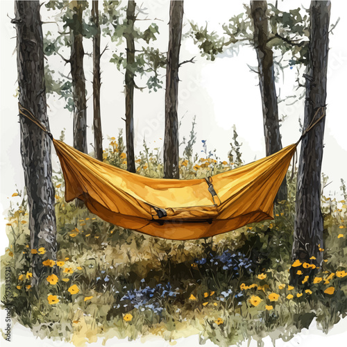 Hammock Hanging Between Trees, watercolor illustration vector, isolated on a white background.