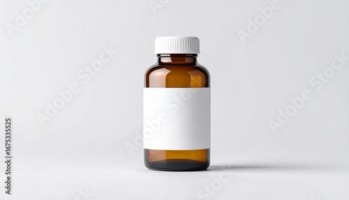 Amber glass bottle with white cap and blank label on light gray background.