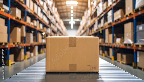 Cardboard box with recycling symbol in large warehouse with tall shelves.