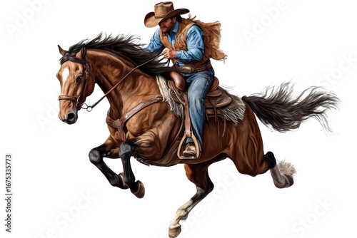 Saddle bronc rodeo horse competing with a skilled cowboy in intense rodeo action at the local arena during the summer festival