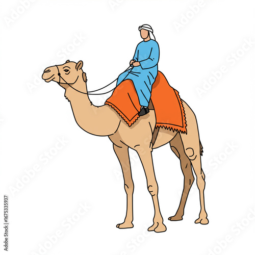 Man in traditional attire riding a majestic camel across a desert landscape, embodying the spirit of ancient travel and cultural heritage in the Middle East