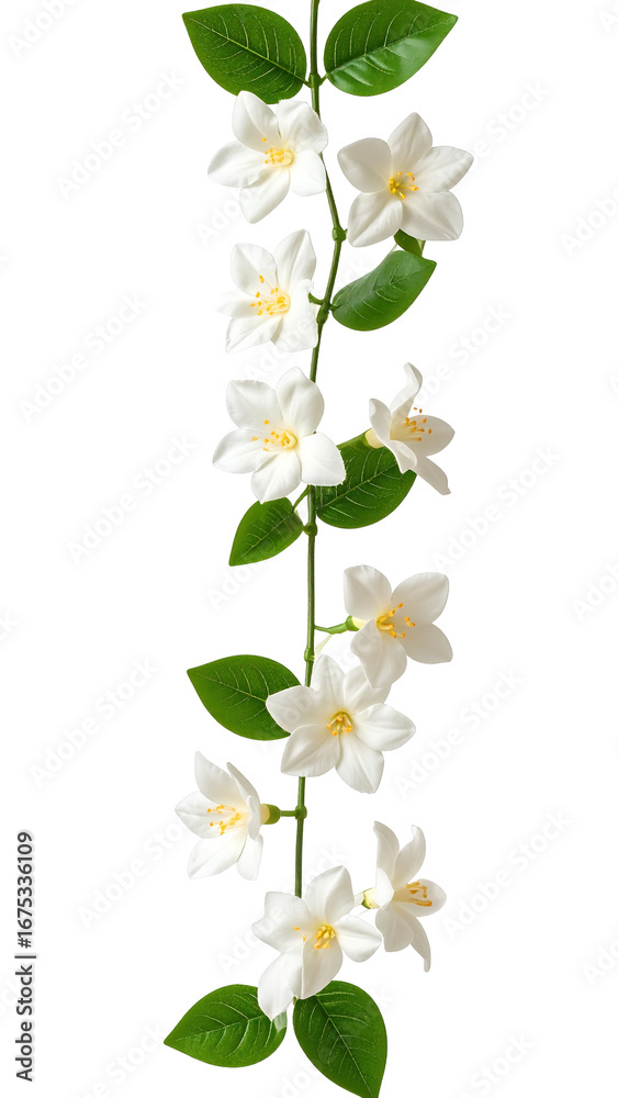 Obraz premium A vertical arrangement of delicate white jasmine flowers and lush green leaves isolated on a transparent background.