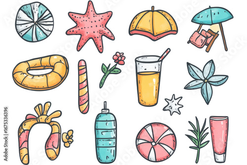Summer fun illustrated icon set featuring beach elements, relaxing activities, and vibrant colors that evoke sunny days and outdoor enjoyment by the sea or poolside