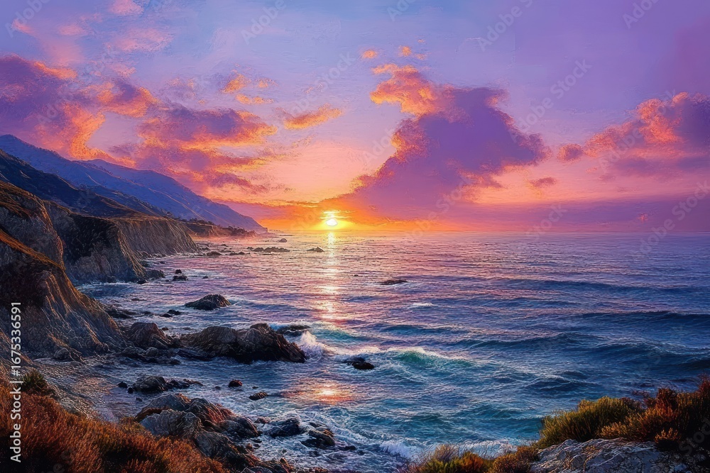 Obraz premium Vivid sunset over rocky coastline with glowing clouds and waves gently crashing against the shore