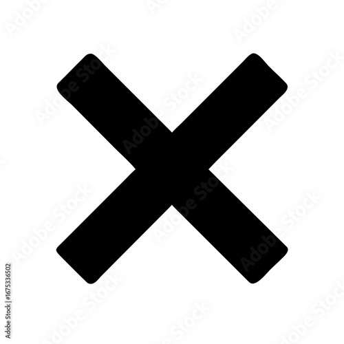 Minimalist black silhouette vector icon of a diagonal cross (X shape), symbolizing cancellation, rejection, and error. Transparent background