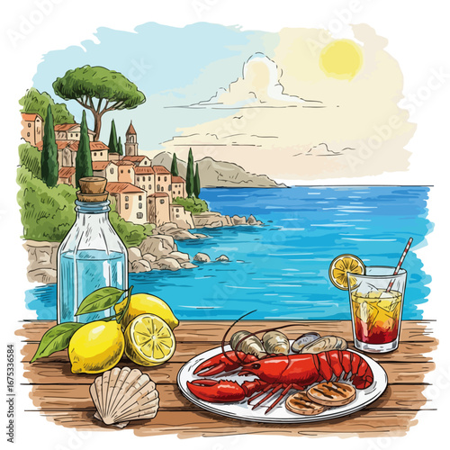 Mediterranean summer vacation illustration set in sketch style. Italian holiday elements. Hand drawn lemons, seafood, lobster, shell, cocktail. Coastal collection for card, prints, wedding invitation.