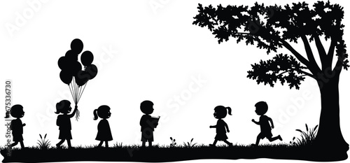 Silhouette children playing outside near big tree, holding balloons, running, walking on grass, enjoying nature and outdoor fun together happily.