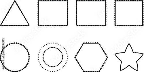 Collection of geometric shapes with decorative borders including a triangle squares circles hexagon and star