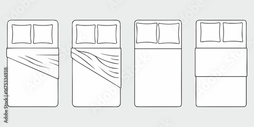 Top view illustration of four beds with different bedding arrangements and pillows