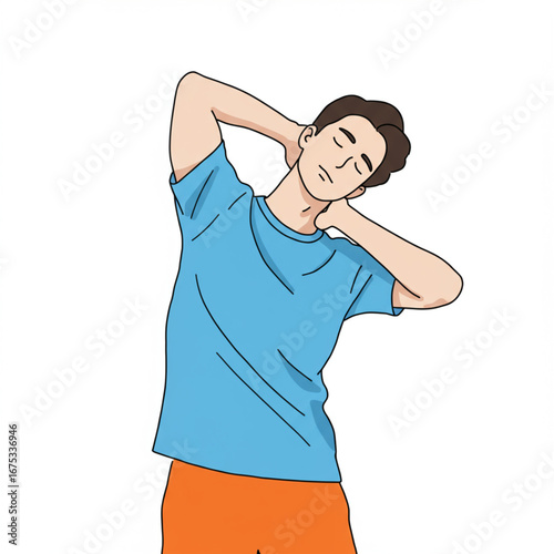 A young man in athletic wear performing a gentle neck stretch, tilting his head to the side for muscle pain relief and flexibility