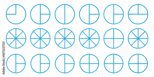 Collection of blue line art circles divided into various fractions and segments for educational purposes