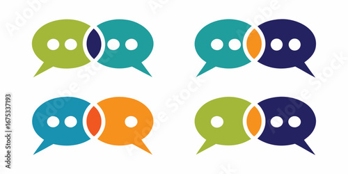 Four sets of overlapping speech bubble icons in different color combinations representing communication and dialogue