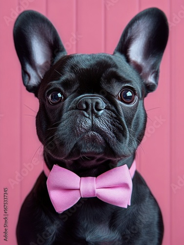 portrait of a black french bulldog wearing a pink bow tie against a pink wooden background showing a calm and attentive expression