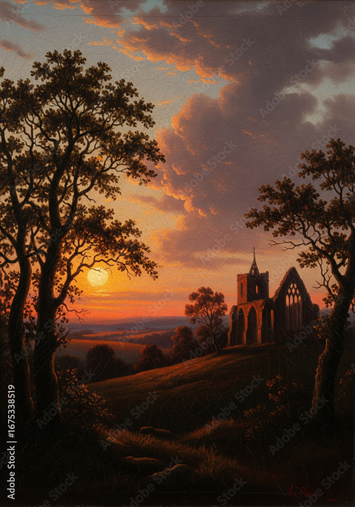 Fototapeta premium Sunset on an old church ruin.