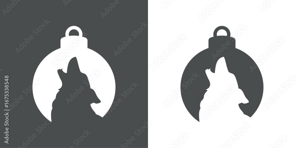 Obraz premium Tiempo de Navidad. Logo con silueta de bola de navidad con cabeza de lobo en espacio negativo para tarjetas y felicitaciones