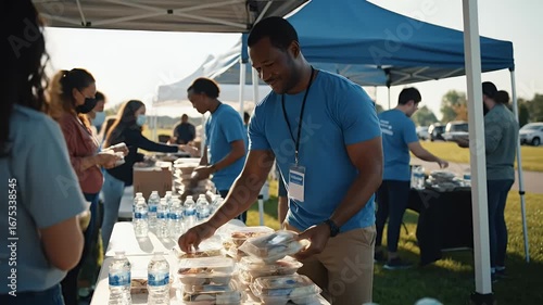 Volunteers Giving Food Containers at Outdoor Charity Event