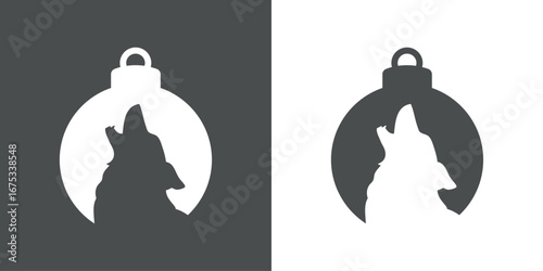 Tiempo de Navidad. Logo con silueta de bola de navidad con cabeza de lobo en espacio negativo para tarjetas y felicitaciones