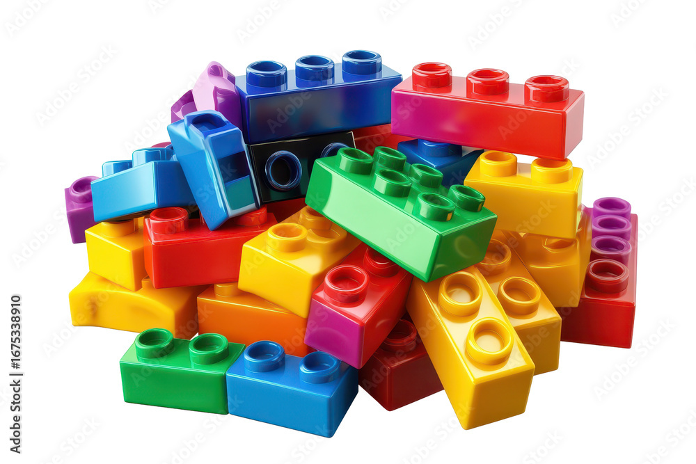 Obraz premium Colorful plastic building blocks arranged in a playful stack showcasing creativity and imagination in a vibrant assortment