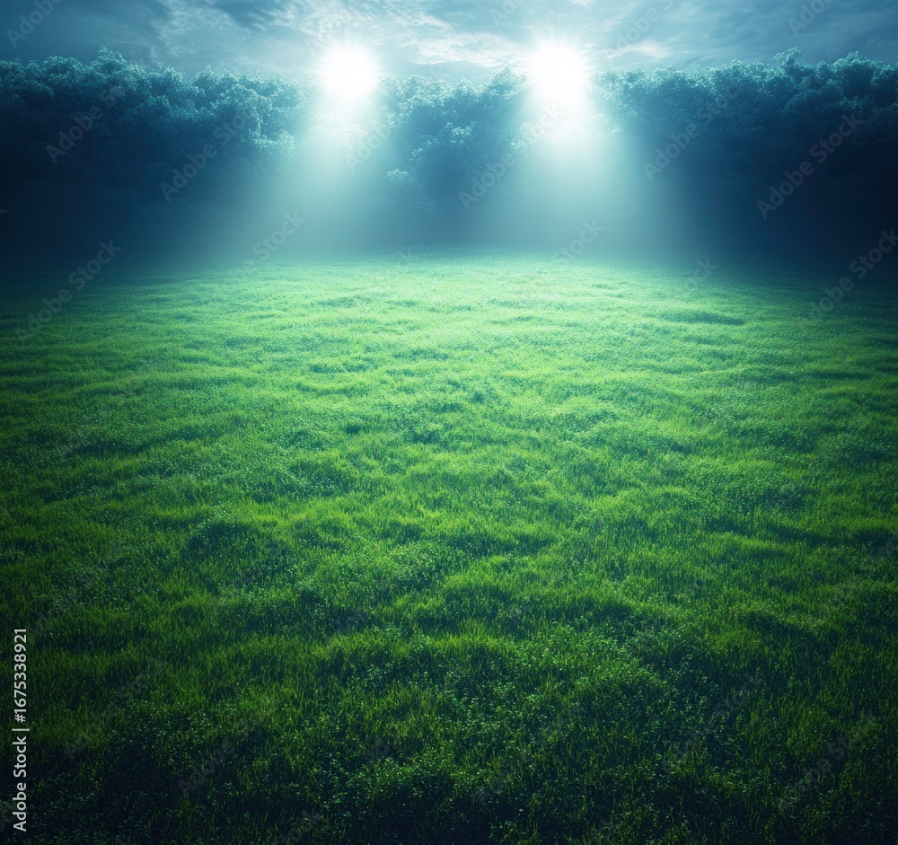 Fototapeta premium Evening foggy natural meadow illuminated by two bright spotlights with dense forest in background under moody sky