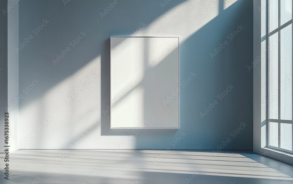 Obraz premium Empty minimalist room with blank canvas on wall and sunlight casting window shadows on floor and wall creating calm and serene atmosphere