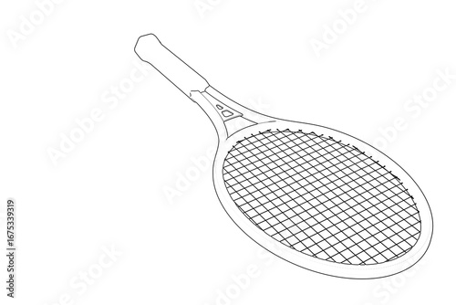 Detailed vector line art outline of a professional tennis or badminton racket, perfect for game and fitness graphic design elements, isolated equipment icon drawing sketch, sportswear, tournament,