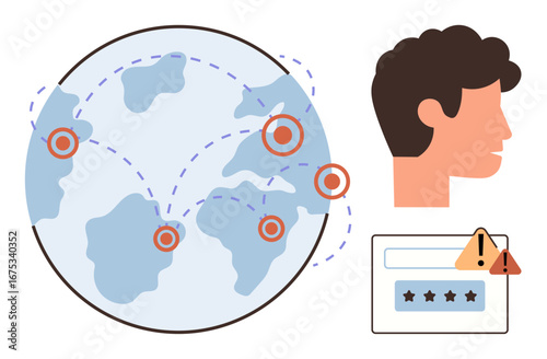 Map with connection markers, user profile silhouette, password form with alert. Ideal for cybersecurity, online safety, global communication, data protection, internet privacy, hacking awareness