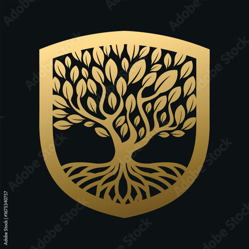 Tree shield and Royal crest nature Logo design emblem vector template