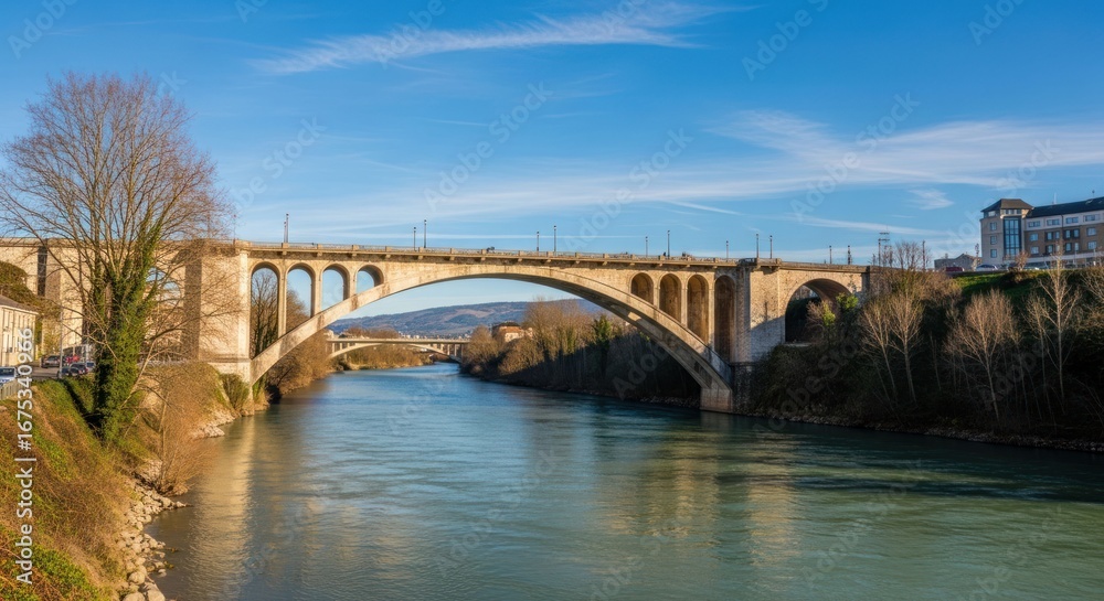 Naklejka premium Stone arch bridge spanning a river under a clear sky