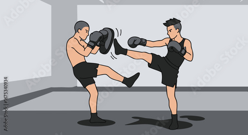 Muay Thai Training Boxer Practicing Kicks with a Coach Indoors