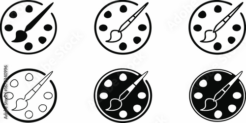 Set of six circular icons depicting a painter s palette with a brush in different styles