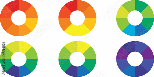 Six colorful circular color wheels with segmented sections displaying different color combinations on a white background