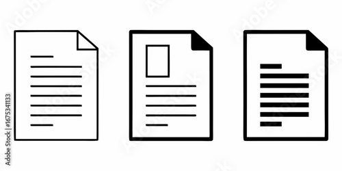Three simple black and white icons representing documents or papers with text and a photo placeholder