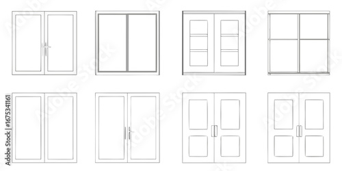 Collection of eight different styles of architectural windows and doors in a clean line drawing illustration