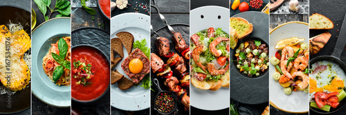 Fotografi Collage food in plates: salads, soups and main dishes