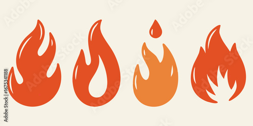 Four stylized flame icons in shades of orange and red against a cream background