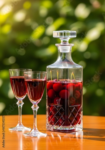 Elegant crystal decanter and glasses filled with rich red berry liqueur outdoors